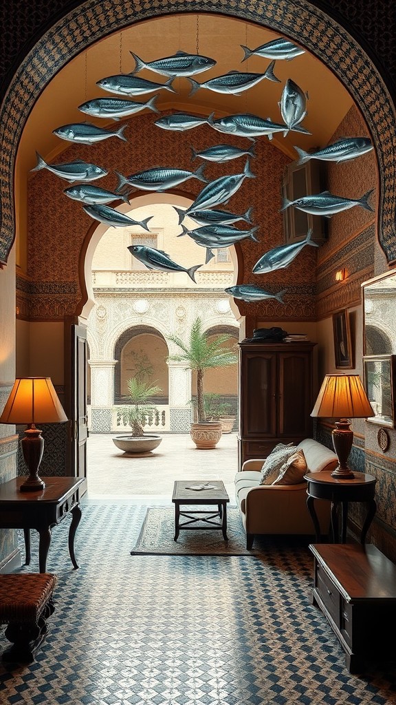 A surreal interior with fish swimming through a beautifully patterned archway.