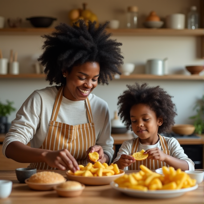 A smiling mother and child wearing aprons are preparing food in the kitchen.