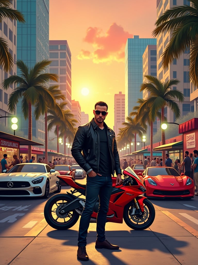 A vibrant cityscape at sunset. Features palm trees and skyscrapers. Stylish sports cars and motorcycles line the street. Pedestrians engage with each other. A confident character stands next to a red motorcycle. Warm colors highlight the scene.