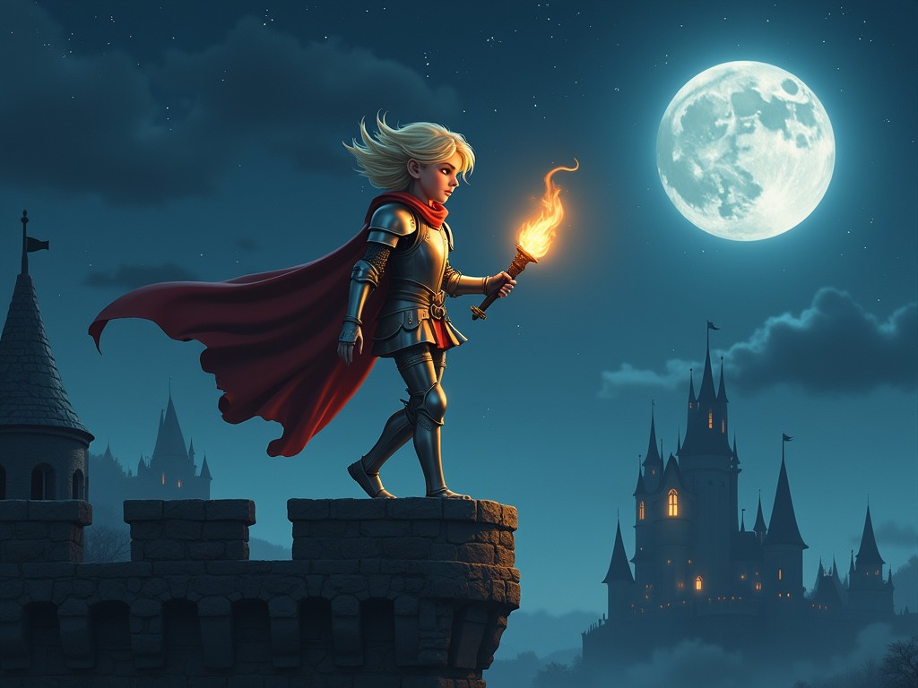 A heroic figure in shining armor strides confidently along a castle wall, holding a blazing torch high against the night sky. Her flowing cape and determined expression are illuminated by the torchlight and a brilliant full moon. The silhouette of a majestic castle looms in the distant background, evoking a sense of adventure and mystery.