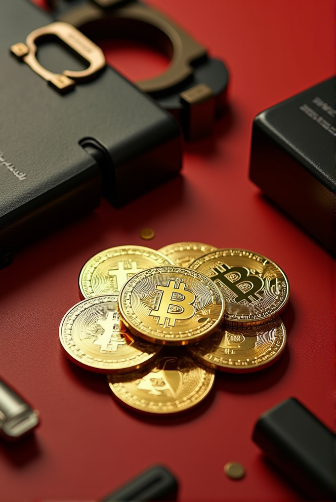 A stack of shiny Bitcoin coins on a vibrant red background surrounded by sleek black objects.