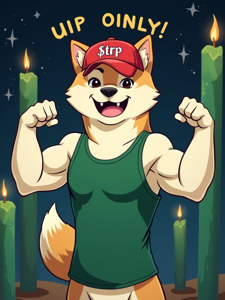 Animated muscular shiba dog is wearing a red baseball cap that says $TRP. The dog has a green singlet and is flexing its arms. In the background there are long green candles and a starry night sky. The text above says 'UP ONLY!'