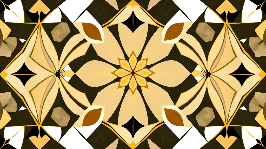 A digital artwork showcasing a symmetrical floral pattern with geometric accents. Dominated by shades of gold, cream, and black, it features stylized petals radiating from a central flower motif. The composition creates a sense of harmony and elegance through its precise balance and intricate detailing.