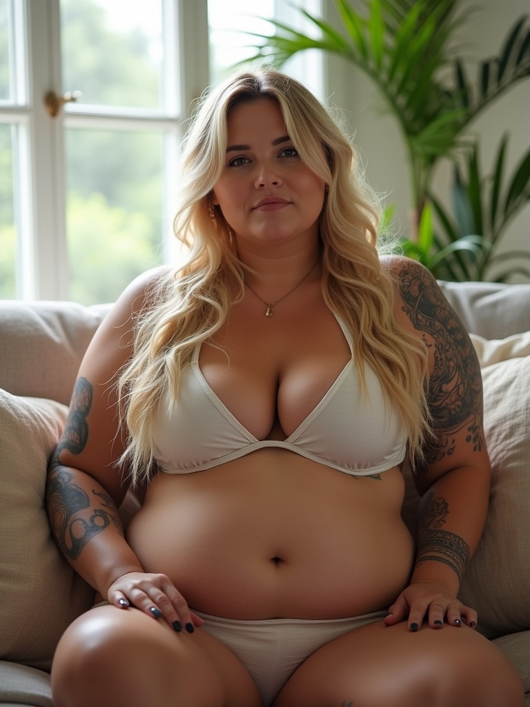 Chubby woman with long blonde hair and tattoos wears a bikini. She sits on a couch in a sunlit room. Calm demeanor. Background features cushions and plant. Light filters through large windows.