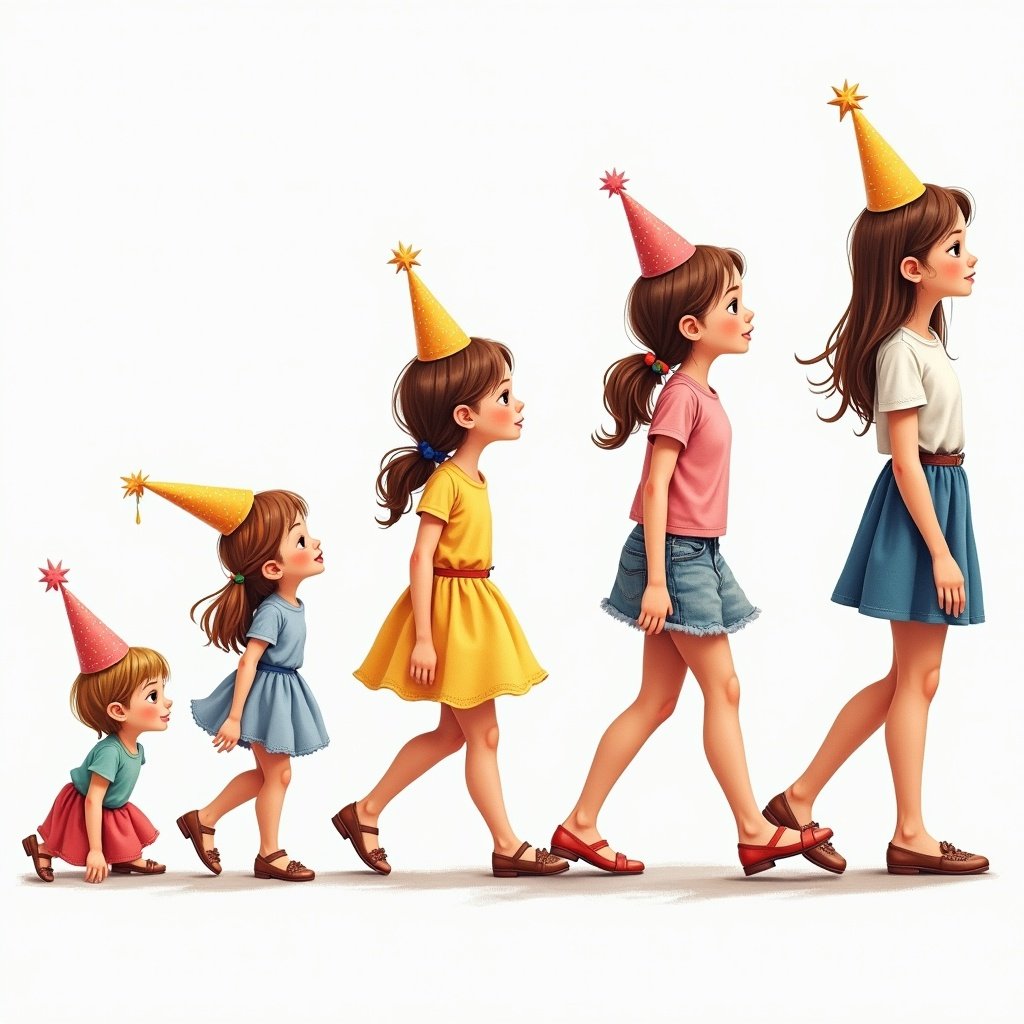 Image imitating the evolution drawing. Show birthday girl growing from baby to teenager. Each stage celebrates her birthday. Use bright colors and joyful expressions.