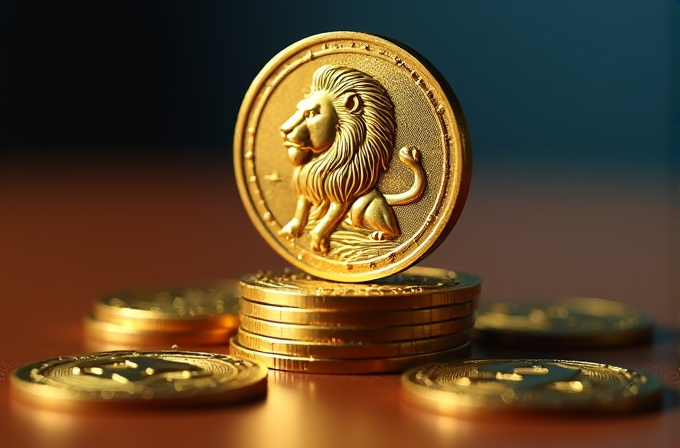 A stack of gold coins with a detailed lion engraving on the top coin.