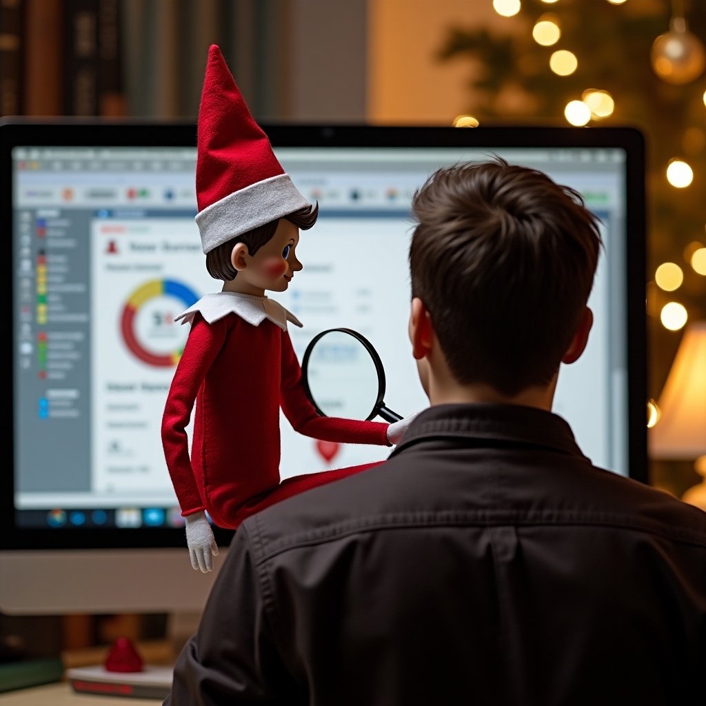 An elf on the shelf sits on a person's shoulder. Both face a computer monitor with their backs visible. The elf wears traditional red and white attire and holds a magnifying glass in front of him. They are in a cozy environment with decorative lights in the background.