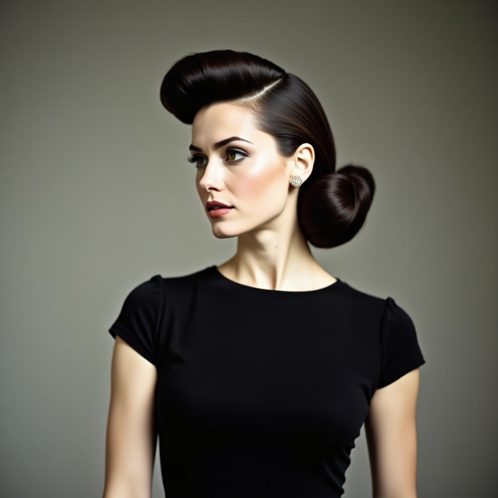 The image features a woman with a classic 1960s hairstyle, characterized by its voluminous height and elegant shape. She wears a simple black dress that adds to her sophisticated look. The woman appears to be gazing slightly to the side, giving her a thoughtful expression. The background is a muted gradient, complementing the overall aesthetic. This setup highlights the beauty and timelessness of the hairstyle, making it a striking visual.