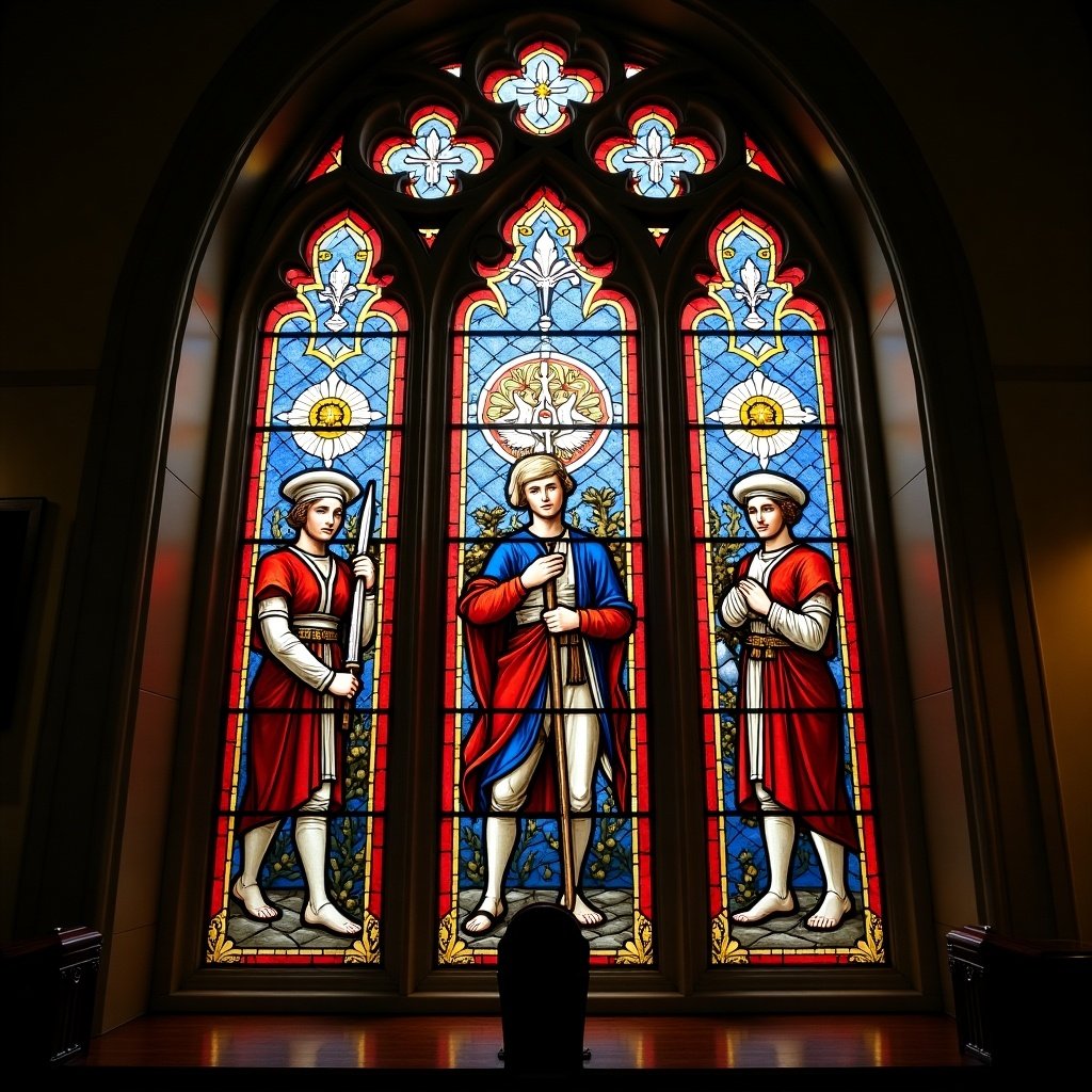 Stained glass windows featuring two saints, one dressed as a soldier. Colorful designs and intricate details embellish the glass.