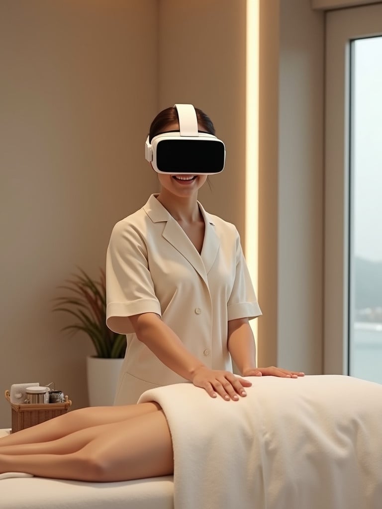 High-quality photorealistic image of a modern massage hall. Spa assistant learns to massage using VR headset. VR headset is white with a black screen. Spa assistant wears cream-colored uniform. Environment reflects calming spa atmosphere. Soft colors and lighting. Landscape format.