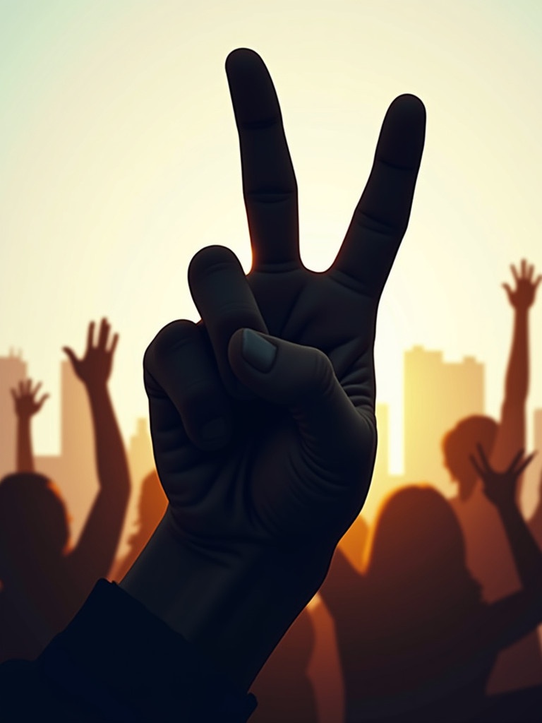 Stylized hand makes peace sign. City skyline is in the background. Silhouettes of cheering people are visible.