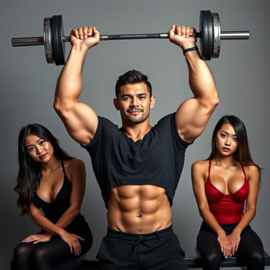 A man holds a barbell overhead, with two women seated beside him, all confidently posing.