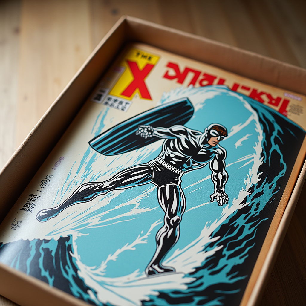 A comic book with a superhero on a surfboard riding a giant wave, encased in a protective box.