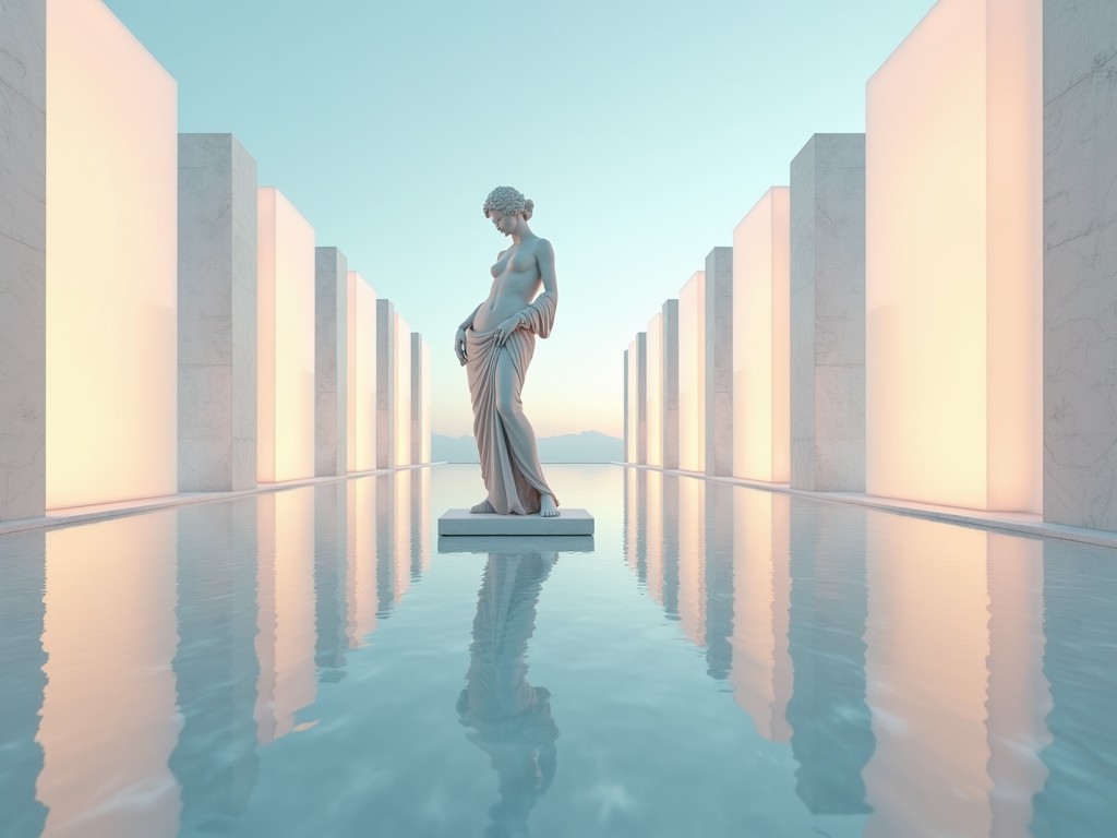 The image features a statue of a woman standing gracefully amidst a tranquil setting. The surroundings include tall, luminous structures that reflect soft hues. The statue is positioned in still water, creating a striking reflection. The overall color scheme is composed of gentle blues and whites, enhancing the serene atmosphere. This combination evokes a sense of calm and beauty, reminiscent of classical art.