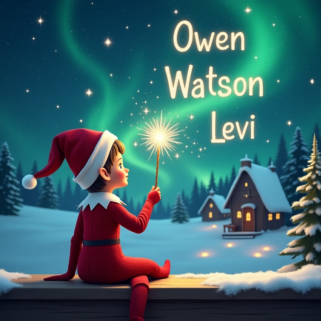 An elf sits on a wooden ledge, gazing at a magical sky filled with shimmering Northern Lights. The elf is wearing a red outfit and a pointed hat, radiating a playful spirit. Holding a sparkling wand, the elf joyfully writes 'Owen', 'Watson', and 'Levi' in the starry sky. The background is a picturesque snowy landscape with charming houses and evergreen trees. This enchanting scene encapsulates the joy and wonder of Christmas and childhood fantasies.