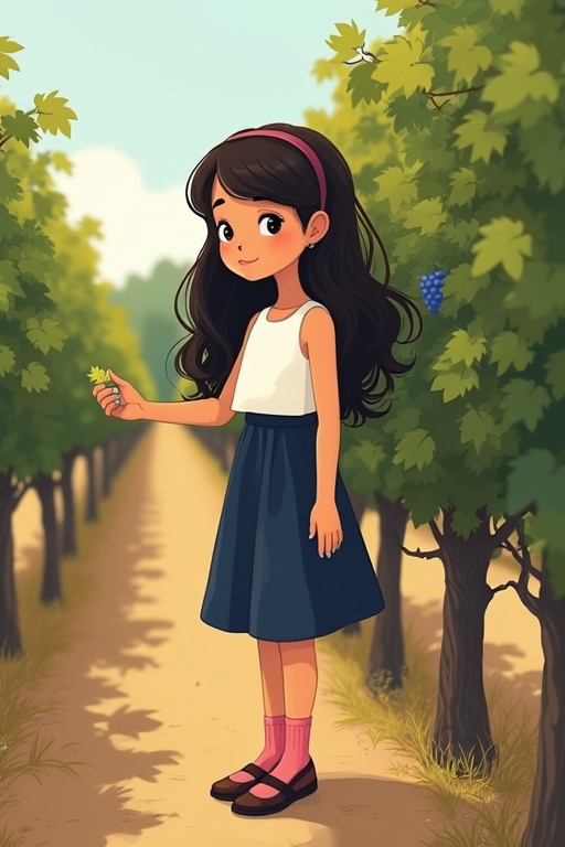 A girl ten years old with long dark brown curls checked grapes in a vineyard while wearing a simple outfit. She has a Southern French appearance. The scene feels cheerful and vibrant.