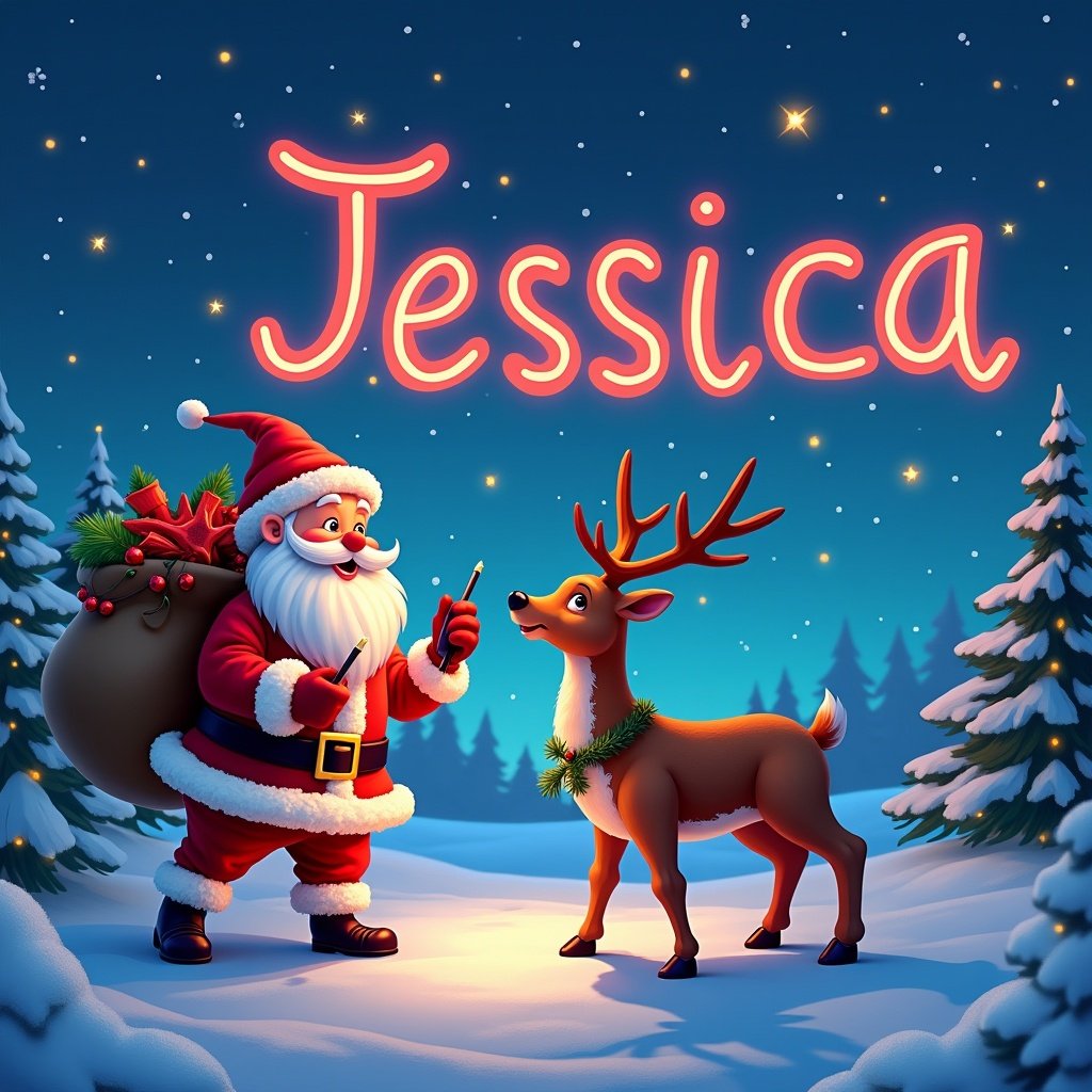 A beautiful Christmas theme features Santa Claus with a bag of gifts. Santa interacts with a reindeer in a snowy scene. The name Jessica is artistically written in the sky using a colorful glow pen. Soft lighting enhances the festive atmosphere.