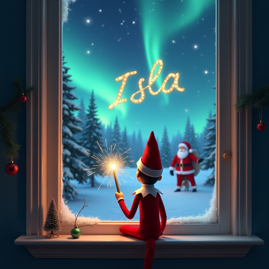 Elf on the shelf sits on a windowsill - Back facing image. Magical wand writes 'Isla' in the sky. Outdoors features northern lights and Santa Claus in the distance. Christmas theme, enchanting atmosphere.