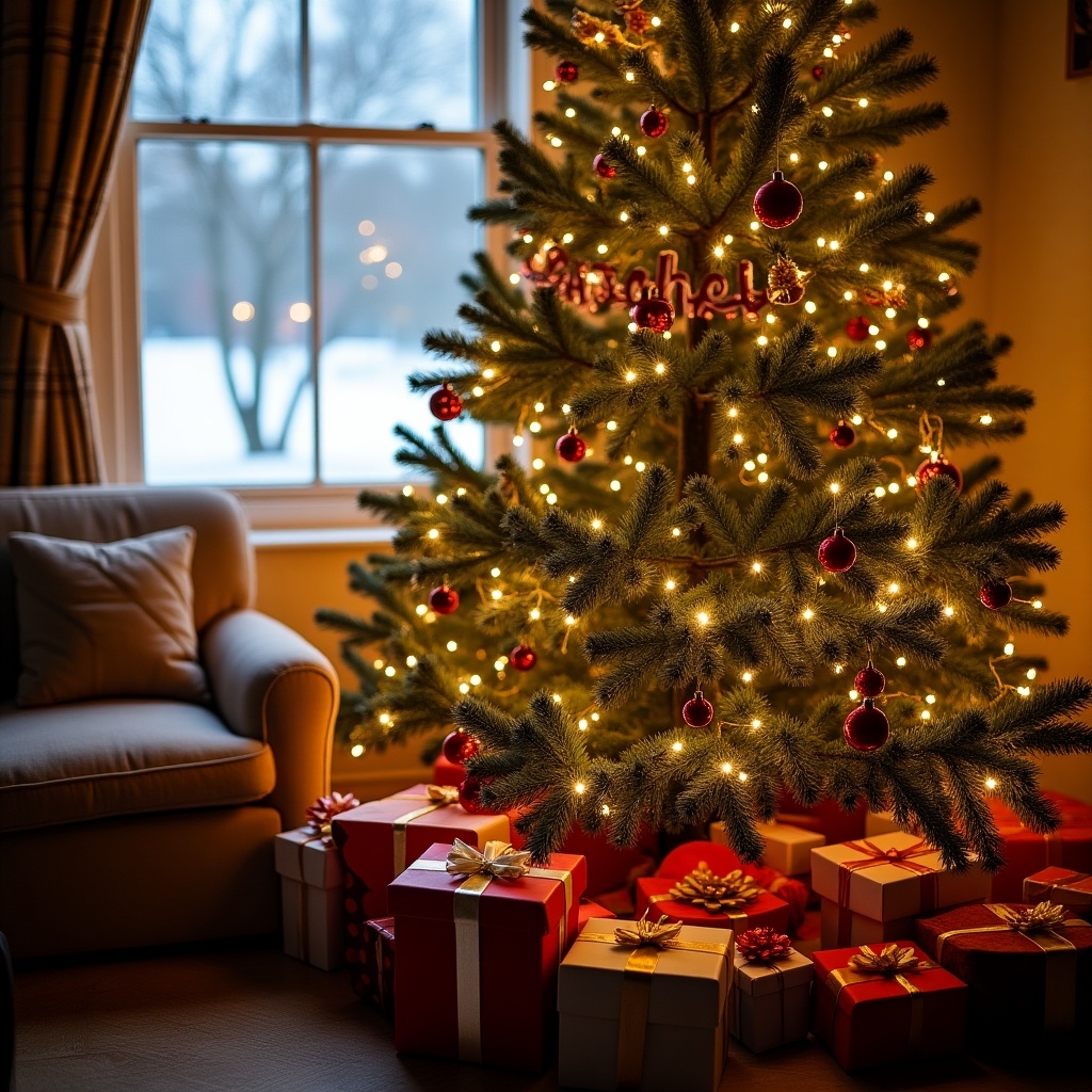 Christmas scene with a beautifully decorated tree. Gifts are arranged at the base of the tree. The main focus is a name sign that says 'Rachel'. The atmosphere is warm and festive. Snow can be seen outside the window.