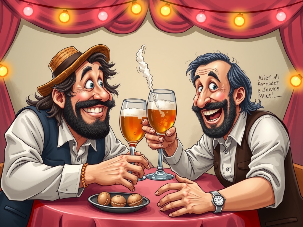 Two animated characters cheerfully toast with beer mugs at a festive setting with string lights and curtains.