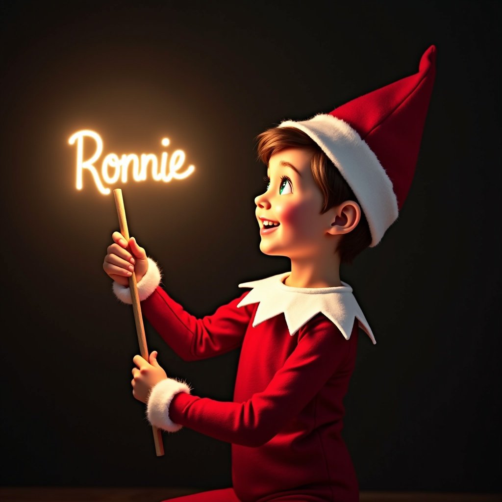 This image features a child dressed as an Elf on the Shelf in traditional red and white attire. The elf holds a glowing wand that writes the name Ronnie in soft light. The dark background contrasts with the warm glow, creating a festive atmosphere. The child's expression is joyful and filled with wonder, enhancing the magical feel of the scene. This depiction captures the essence of holiday spirit and enchantment, making it perfect for Christmas-themed illustrations or promotions.