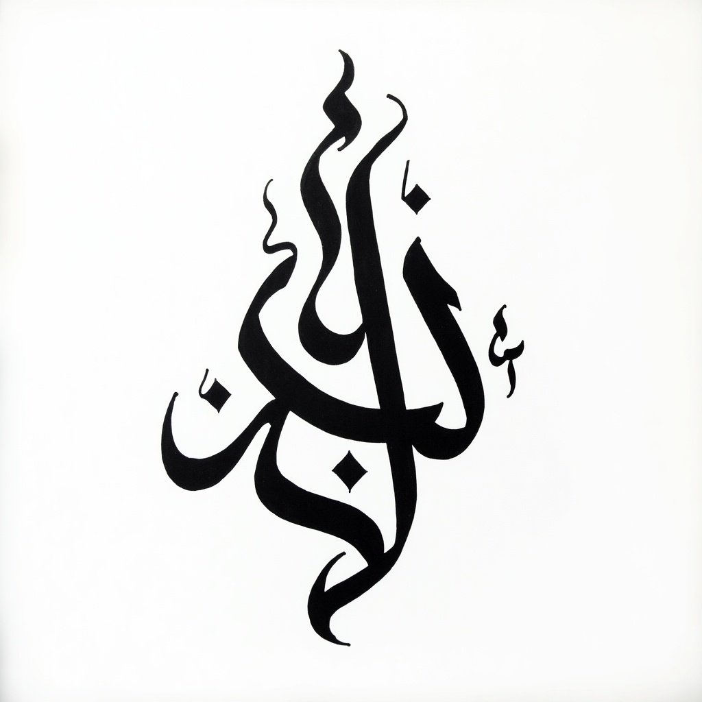 Handwritten Arabic calligraphy design resembles flame. Black ink on white paper. Artistic expression of traditional style.