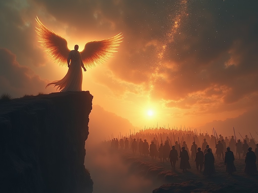 This image captures an ethereal scene where a majestic figure with luminous wings stands on a cliff overlooking a large gathering. The background is bathed in a warm, golden light, suggesting the time of dawn or twilight. The sky above is filled with stars or celestial particles, adding a mystical atmosphere to the scene.