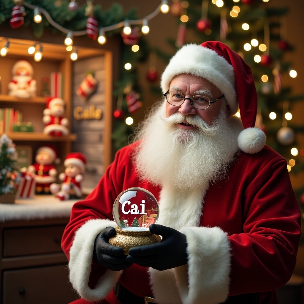 Christmas scene features Santa Claus in red and white suit holding a snow globe. Snow globe contains the name Cai. Background shows a festive toy shop with glowing lights and decorations.