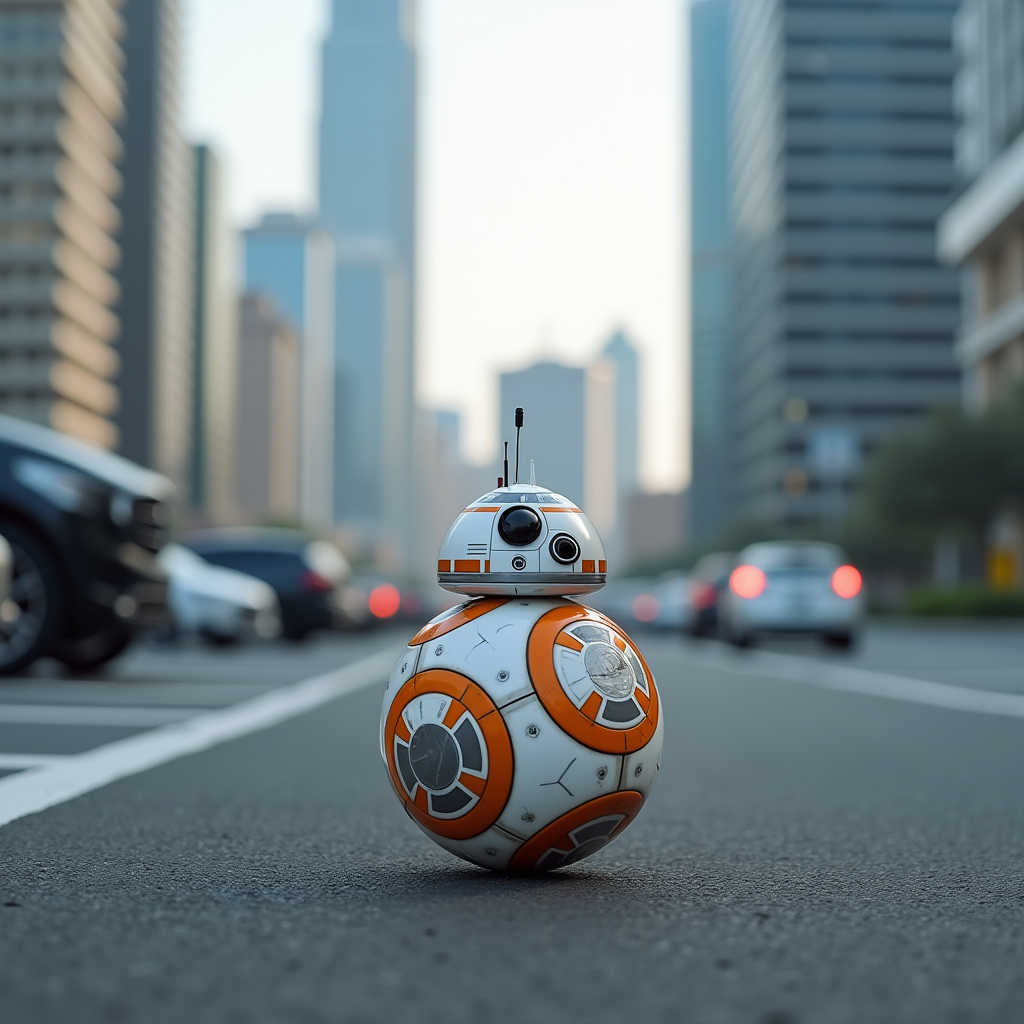 A small robotic sphere with orange and white colors navigates an empty urban street surrounded by tall skyscrapers and cars.