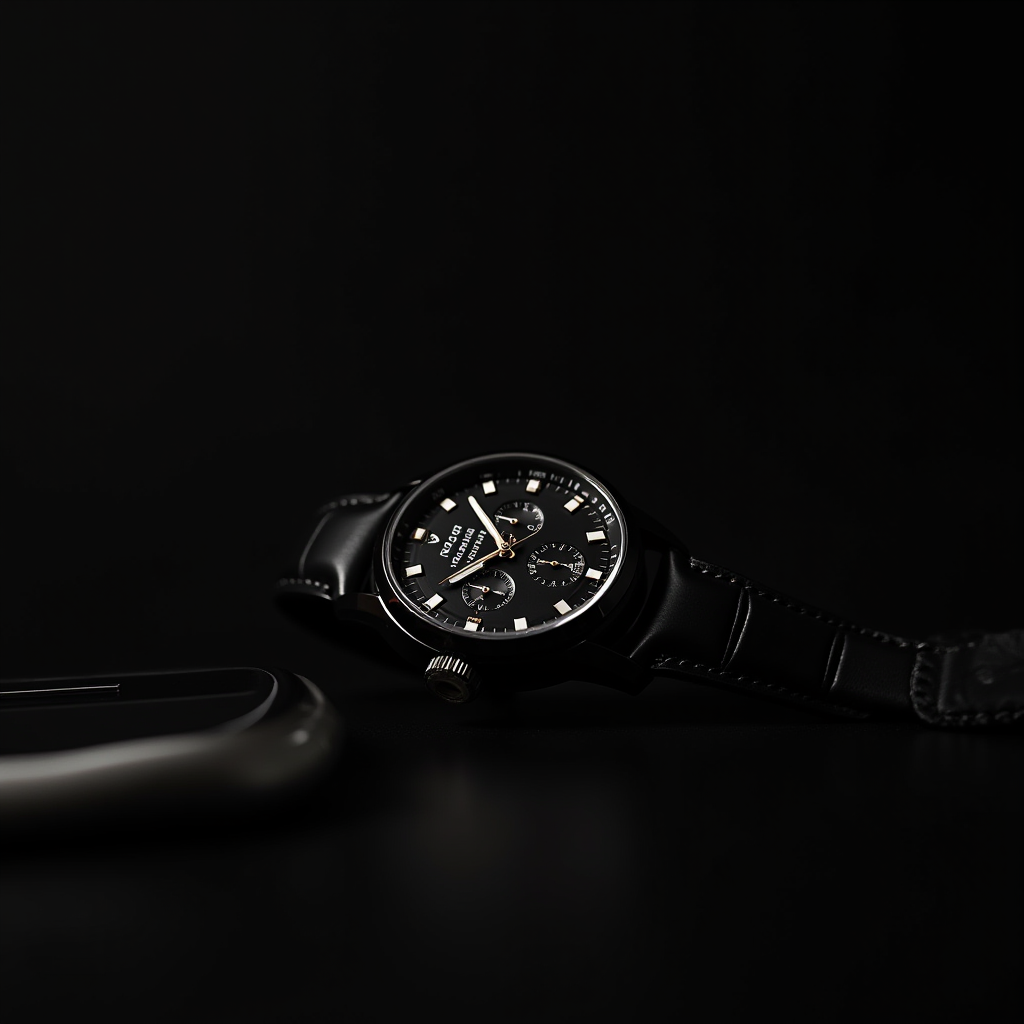 The image shows an intricately designed black wristwatch positioned against a dark background, emphasizing its sophisticated design. The watch face is detailed, showing small dials and a clear branding. The leather strap adds a touch of luxury, with visible stitching along the edges. The lighting is low and focused, casting subtle highlights and shadows, which accentuate the watch’s features and create a dramatic, elegant atmosphere. The product is shown laid flat, with part of another object partially visible in the foreground, slightly out of focus, possibly a mobile device or similar gadget.