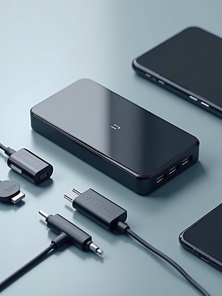 AI created a 20000mah power bank named Ugenter with two cables and two chargers. Power bank is sleek and black. Various charging devices are layout on a smooth surface. High-quality image of tech products.