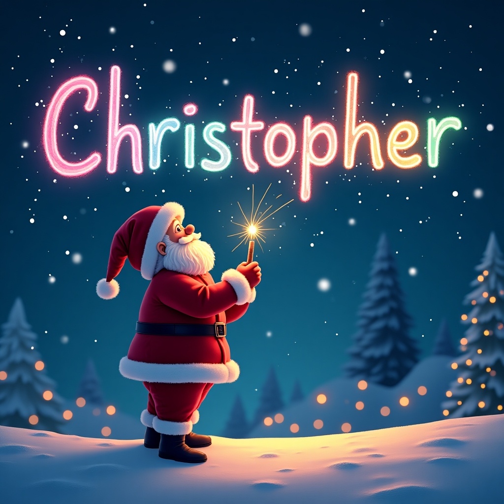 The image features a beautiful Christmas theme with Santa Claus joyfully writing the name 'Christopher' in colorful letters against a snowy background. Santa is dressed in his classic red suit and is looking up with excitement as he creates the glowing script in the night sky. The scene is illuminated with soft lights from the snow-covered trees behind him, enhancing the festive spirit. A shimmering star appears at the tip of his glow pen, adding a magical touch to the atmosphere. This illustration captures the joy and wonder of the holiday season, perfect for seasonal greetings and decorations.