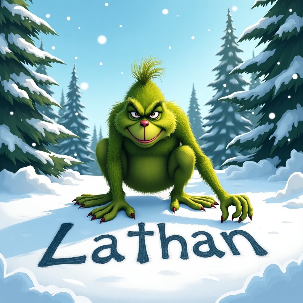 A cartoon character writing Lathan in the snow. The character is green and cheerful in a winter landscape with pine trees.