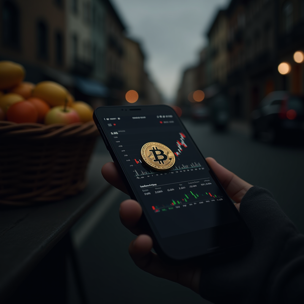 A smartphone displaying a Bitcoin trading chart is held against a blurred urban street background.