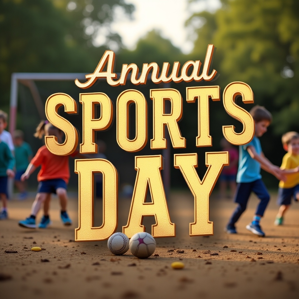 This image showcases a vintage-style invitation card featuring the text 'Annual Sports Day' prominently displayed in gold letters. The background captures children engaged in various sports activities on a playground. The warm and natural lighting enhances the vintage aesthetic of the theme. The card is designed to attract attention for a community or school sports event. It blends stylish typography with a lively and engaging atmosphere, perfect for inviting attendees to a fun-filled day of activities.