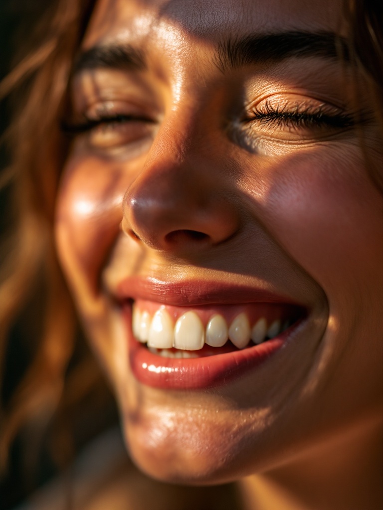 Close up view of a woman expressing joy while laughing. Sunlight creates a warm glow on her. The background is softly blurred emphasizing her expression. Artistic focus on the emotional display of love.