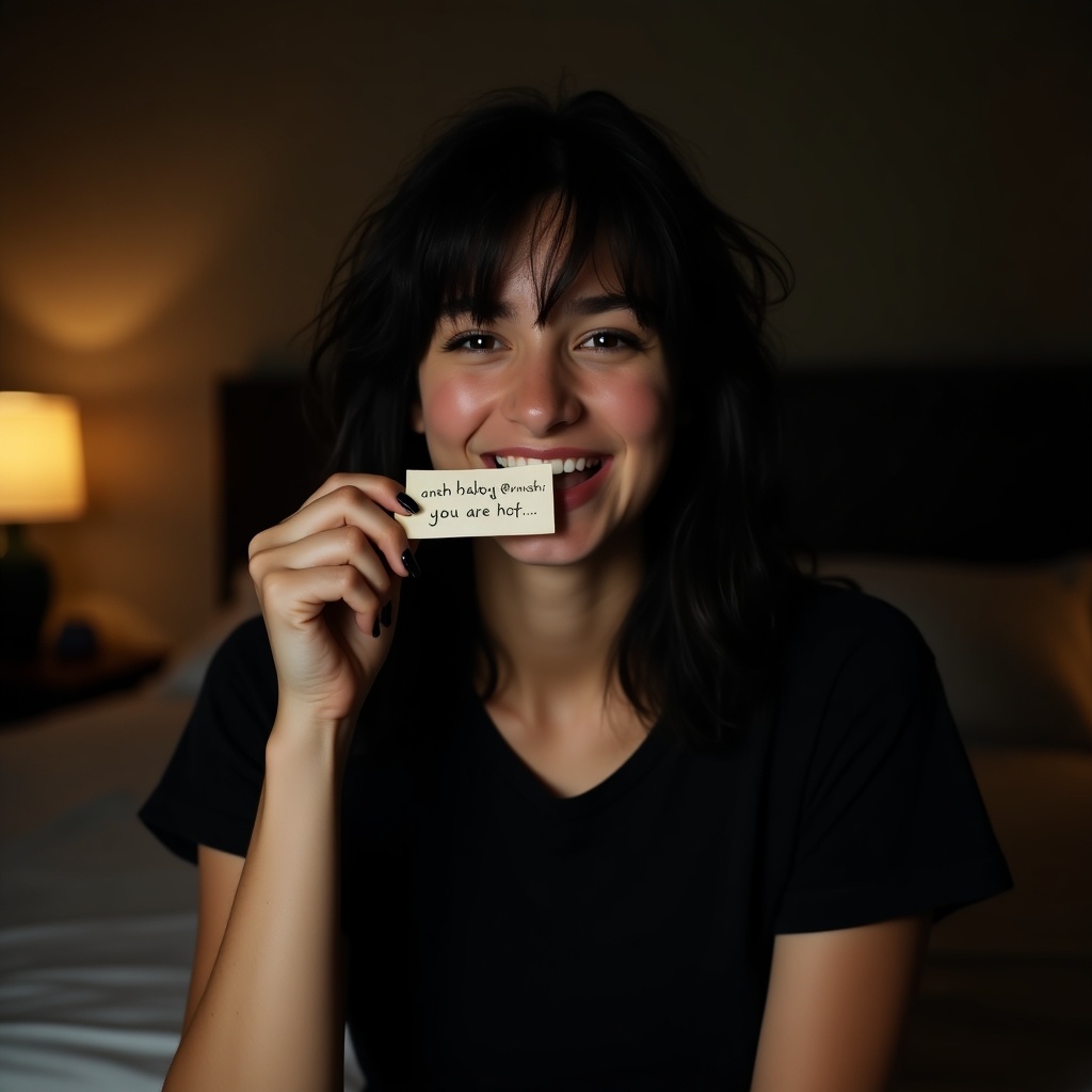 A young woman with black hair sits in a dark bedroom. She wears a black t-shirt and holds a small piece of paper at her chest. The paper has a handwritten note saying 'ansh baby you are hot...' Her nails are long and polished black. She smiles playfully, biting her lip with a hint of sexiness. The room is dimly lit, creating a warm atmosphere. This image conveys a mix of personal touch and allure.