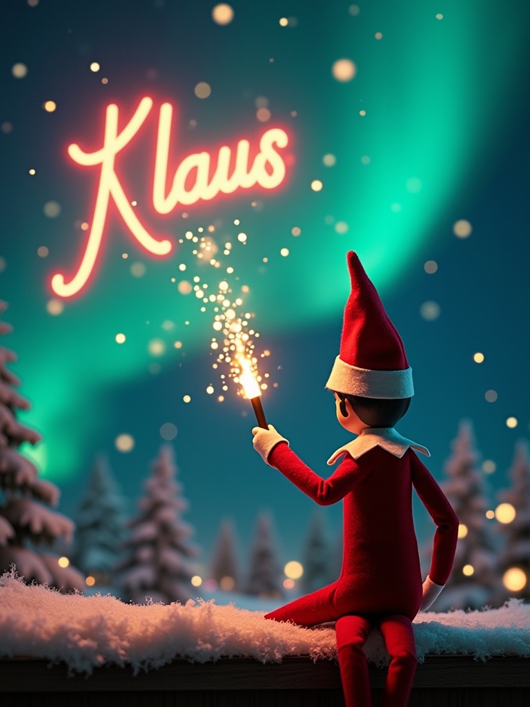 Elf on the shelf in red and white attire. Elf facing upwards holding magic wand. Sparkles coming from the wand. The word 'Klaus' glowing in the sky. Background featuring vibrant northern lights. Scene captures festive spirit and magical ambiance.