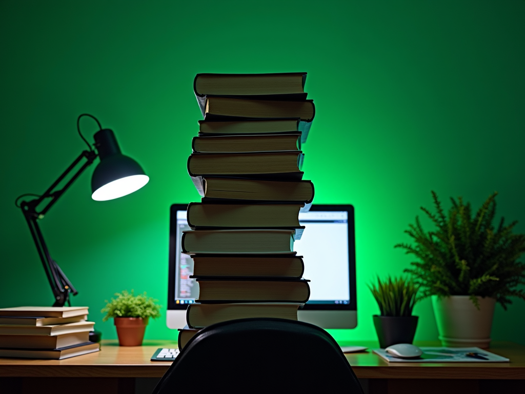 A tall stack of books dominates a desk, surrounded by a computer, desk lamp, and potted plants against a vibrant green wall.