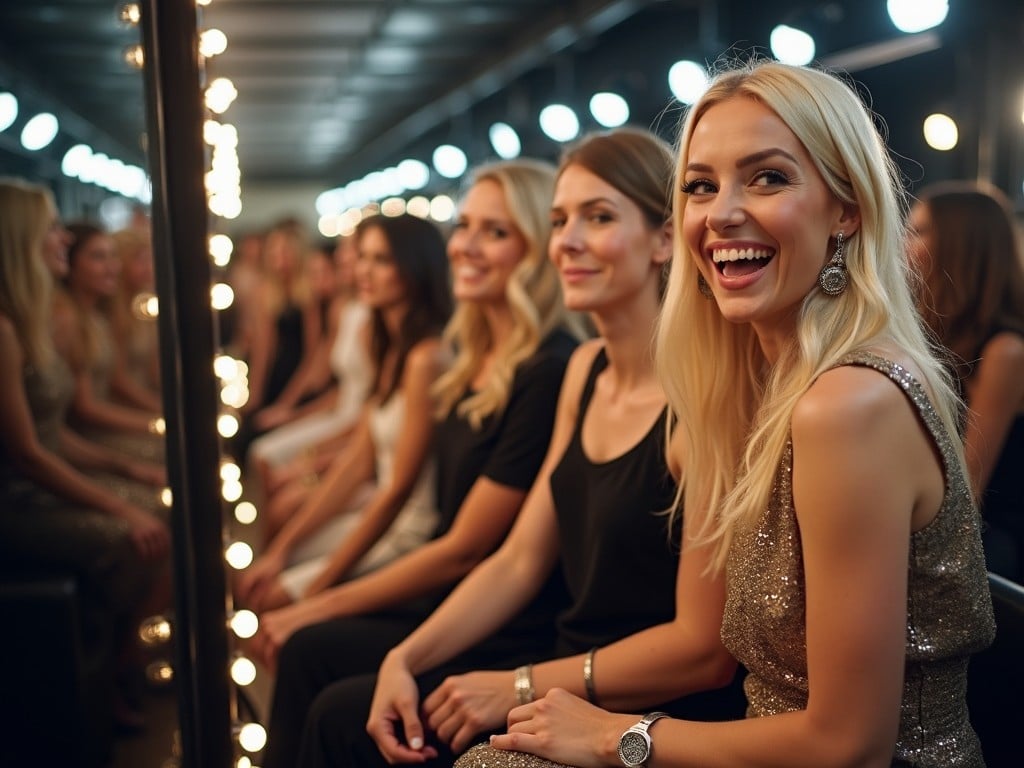 The image depicts a group of women sitting backstage, seemingly preparing for their turn on the catwalk. The women are dressed in glamorous attire, with one in a sparkling dress radiant with laughter, showcasing excitement before the show begins. Soft lighting illuminates the setting, casting a warm glow on the scene. The atmosphere is filled with anticipation and glamour, typical of a fashion show environment. This captures the essence of beauty and preparation behind the scenes before a performance.