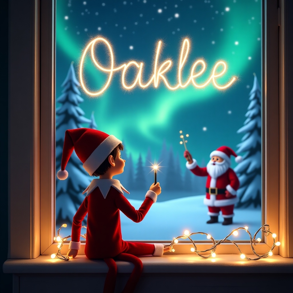 An elf on the shelf sits at a window, back to the viewer. He gazes at the enchanting night sky, holding a magic wand. The elf writes the name 'Oaklee' in sparkling lights above. Behind him, Santa Claus stands in a snowy landscape filled with trees. The scene features shimmering northern lights, creating a magical atmosphere. Soft lights adorn the window sill, enhancing this delightful representation of Christmas cheer.