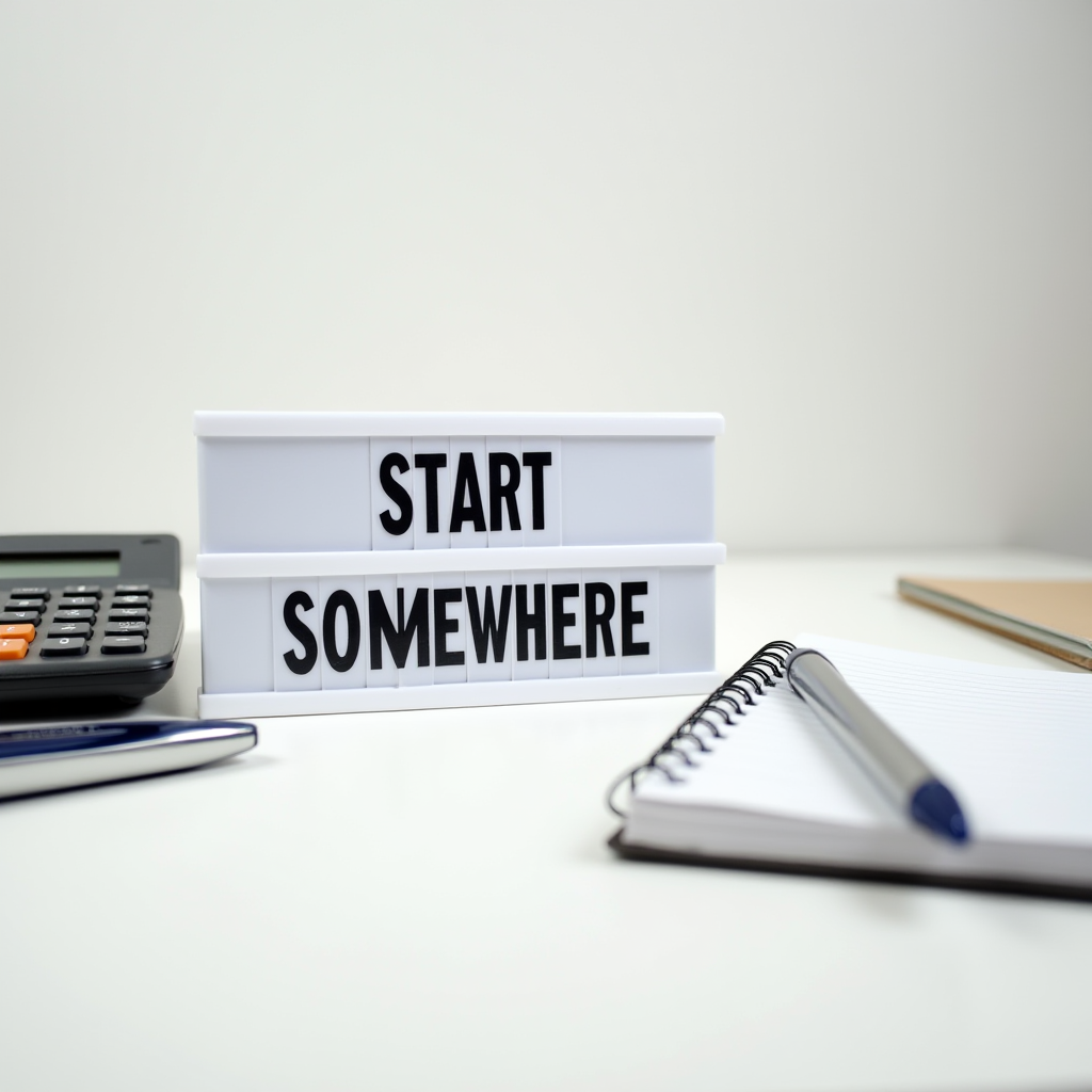 The image shows a desk with a sign reading 'START SOMEWHERE', a calculator, a pen, and a notebook.