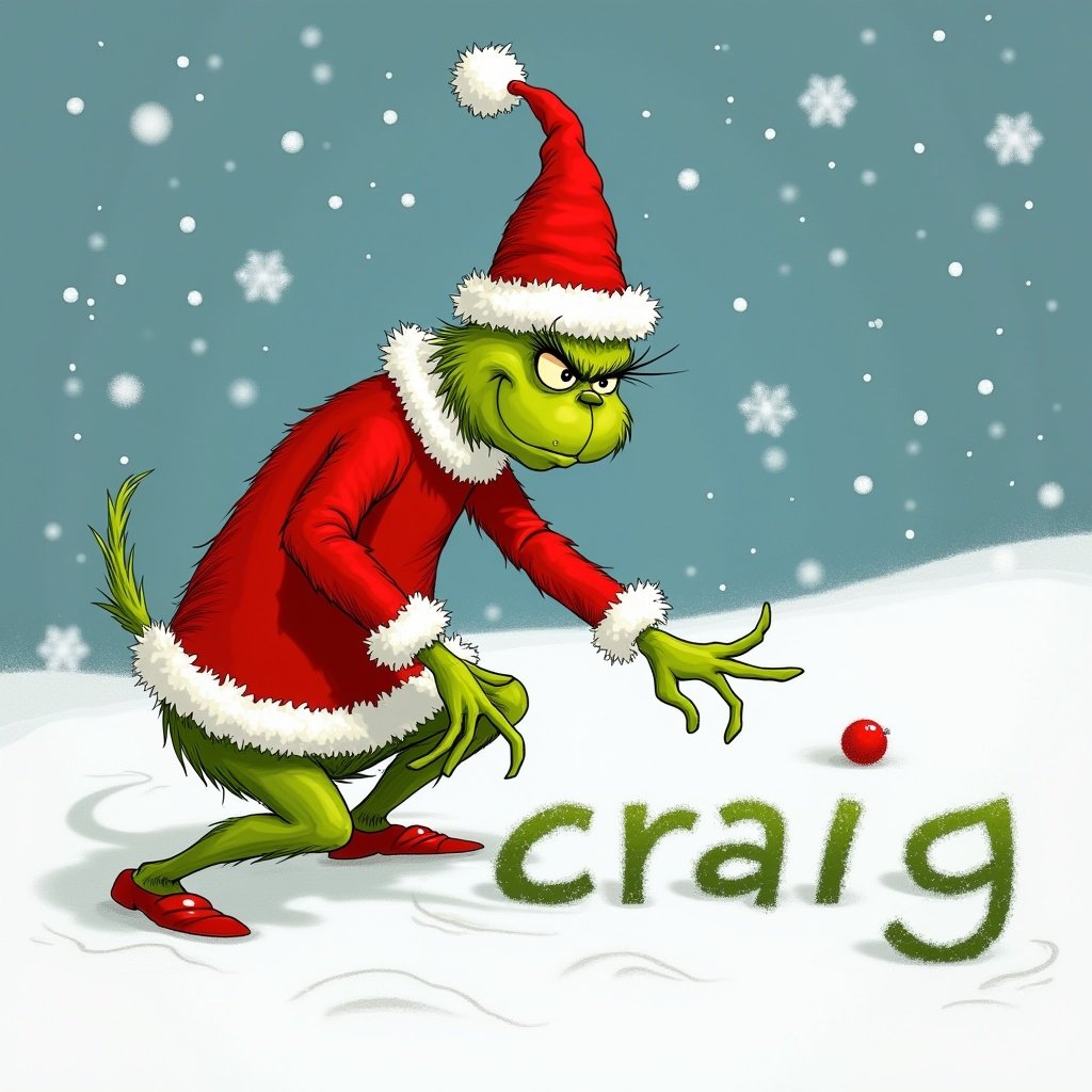 The Grinch character from Dr. Seuss in Santa attire. Grinch writing name craig in fresh snow. Snowflakes falling create a festive background. Bright colors with playful expression. Contrast between green, red, and white shades.