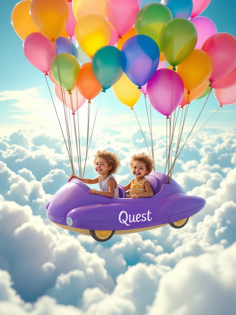 Joyful kids seated in a whimsical purple car floating over fluffy clouds. A multitude of colorful balloons lifts the car above the clouds. Kids express excitement as they gaze at the serene blue sky. Sunlight casts a gentle glow over the scene creating a magical atmosphere