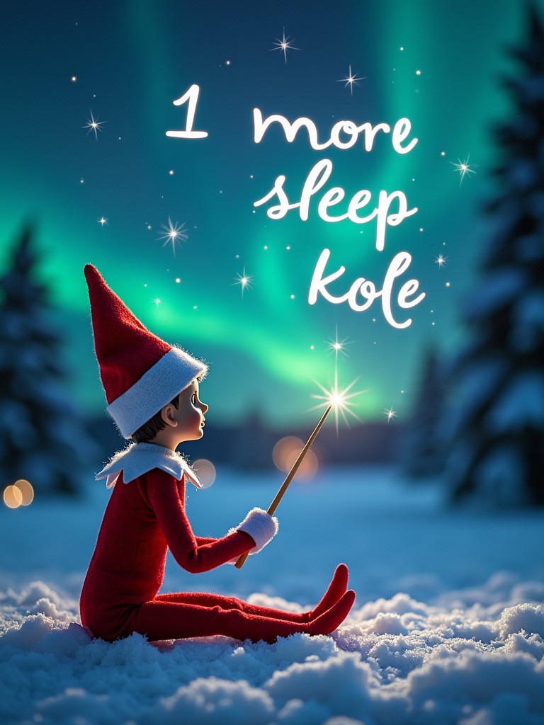 A Christmas scene captures an elf sitting in snow. The elf gazes up at the night sky. Using a wand the elf writes '1 more sleep Kole'. Northern lights illuminate the background. Santa Claus can be seen in the distance. Snow covers the ground creating a winter wonderland. The moment embodies holiday joy and wonder.