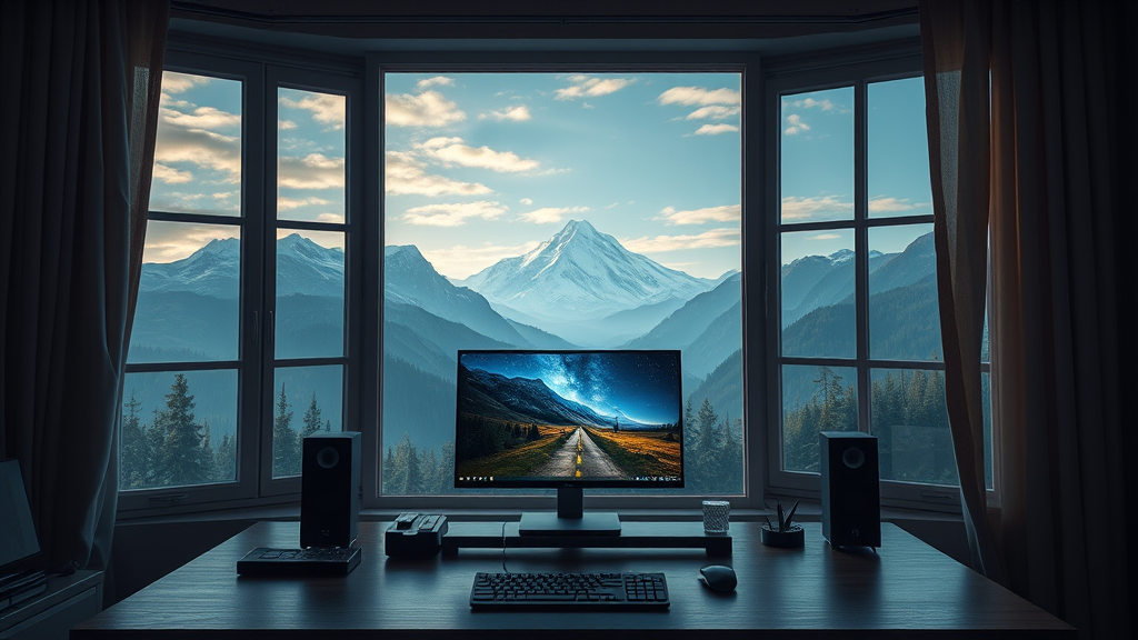 A computer desk by a window overlooks a stunning mountain view.