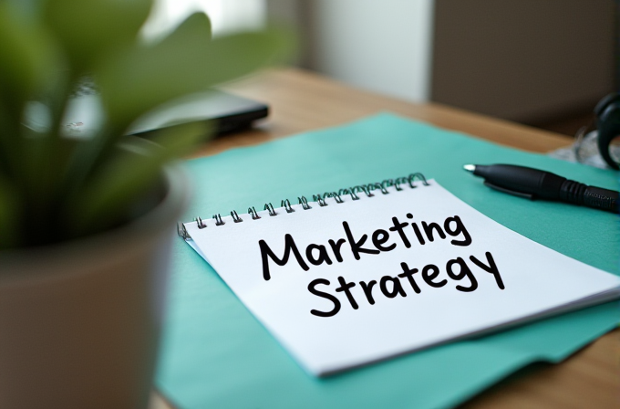 A notebook with 'Marketing Strategy' written on it rests on a teal desk beside a pen and a plant.