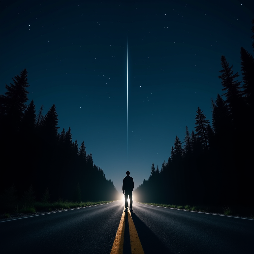 Silhouette of a person standing on a road at night, with headlights illuminating them against a backdrop of starry sky and towering trees.