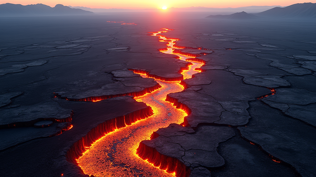 Bright, glowing lava flows through a cracked landscape under a setting sun.