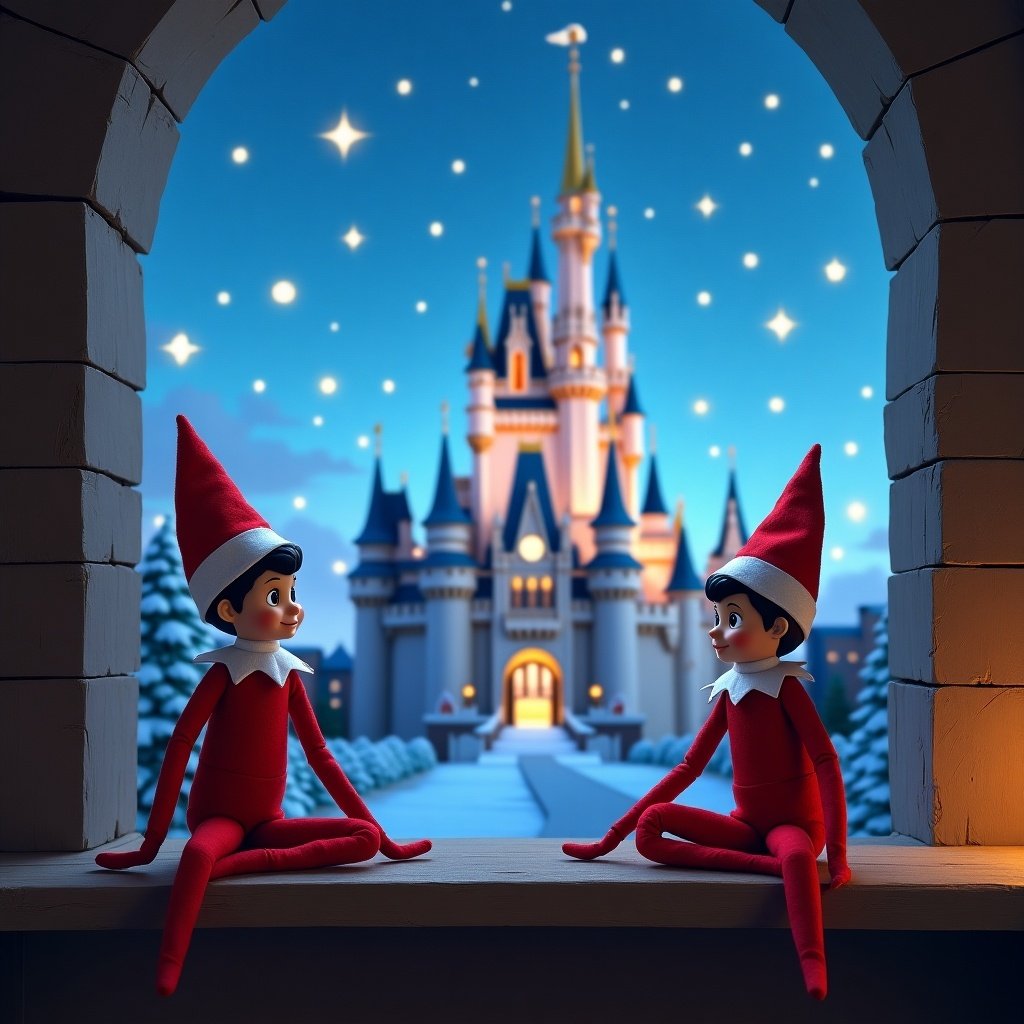 Two boy elves sitting near an archway. A castle resembling Cinderella's is in the background. The sky is filled with stars that spell out a message to Bella. Holiday theme with a whimsical touch.